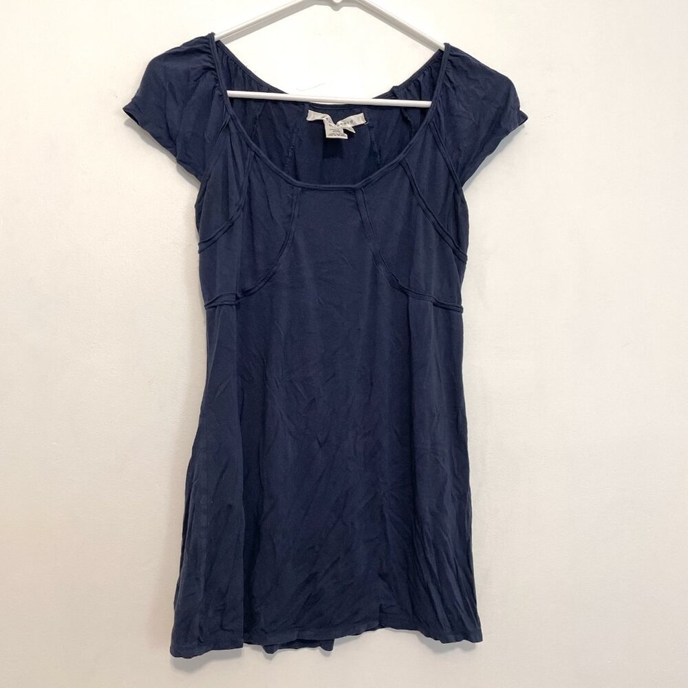 MAX STUDIO Solid Navy Blue Seam Detail Scoop Neck Short Sleeve Viscose Blouse M
